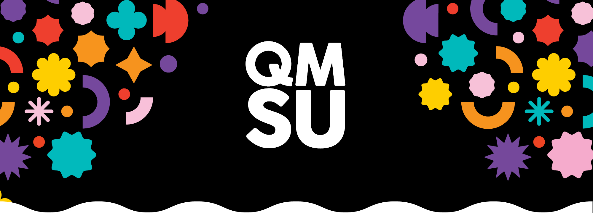QMSU logo in white on a black background with colourful shapes around the edge